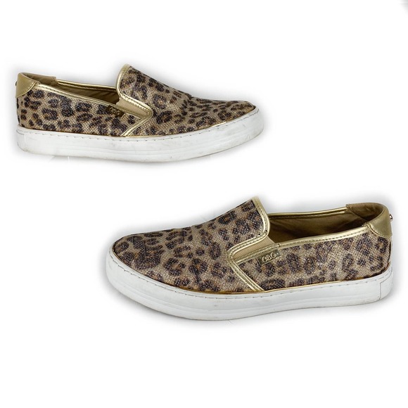 G By Guess Gollys 2 Sneakers Sparkle Leopard Gold Metallic Slip On Flat Shoes 10 - Picture 1 of 10